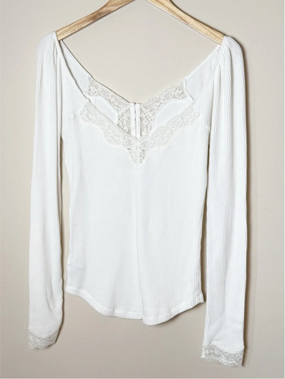 Free People To The West Ribbed Lace Trim Ribbed Button Up Long Sleeve Shirt L